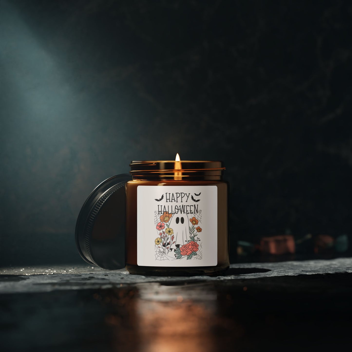 Happy Halloween Scented Soy Candle - Amber Jar, Fall Decor, Gifts for Her, Cozy Home, Halloween Party Favors, Eco-Friendly Candle