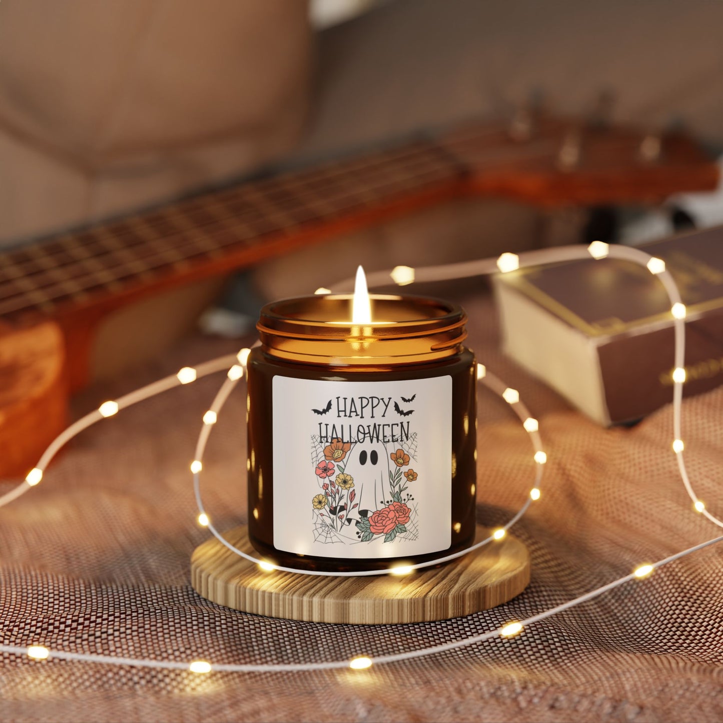 Happy Halloween Scented Soy Candle - Amber Jar, Fall Decor, Gifts for Her, Cozy Home, Halloween Party Favors, Eco-Friendly Candle