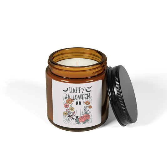 Happy Halloween Scented Soy Candle - Amber Jar, Fall Decor, Gifts for Her, Cozy Home, Halloween Party Favors, Eco-Friendly Candle